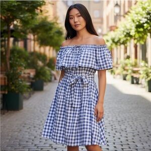 11•1•Tylho ANTHROPOLOGIE NWT Blue/White Gingham Ruffled Off The Shoulder Dress M